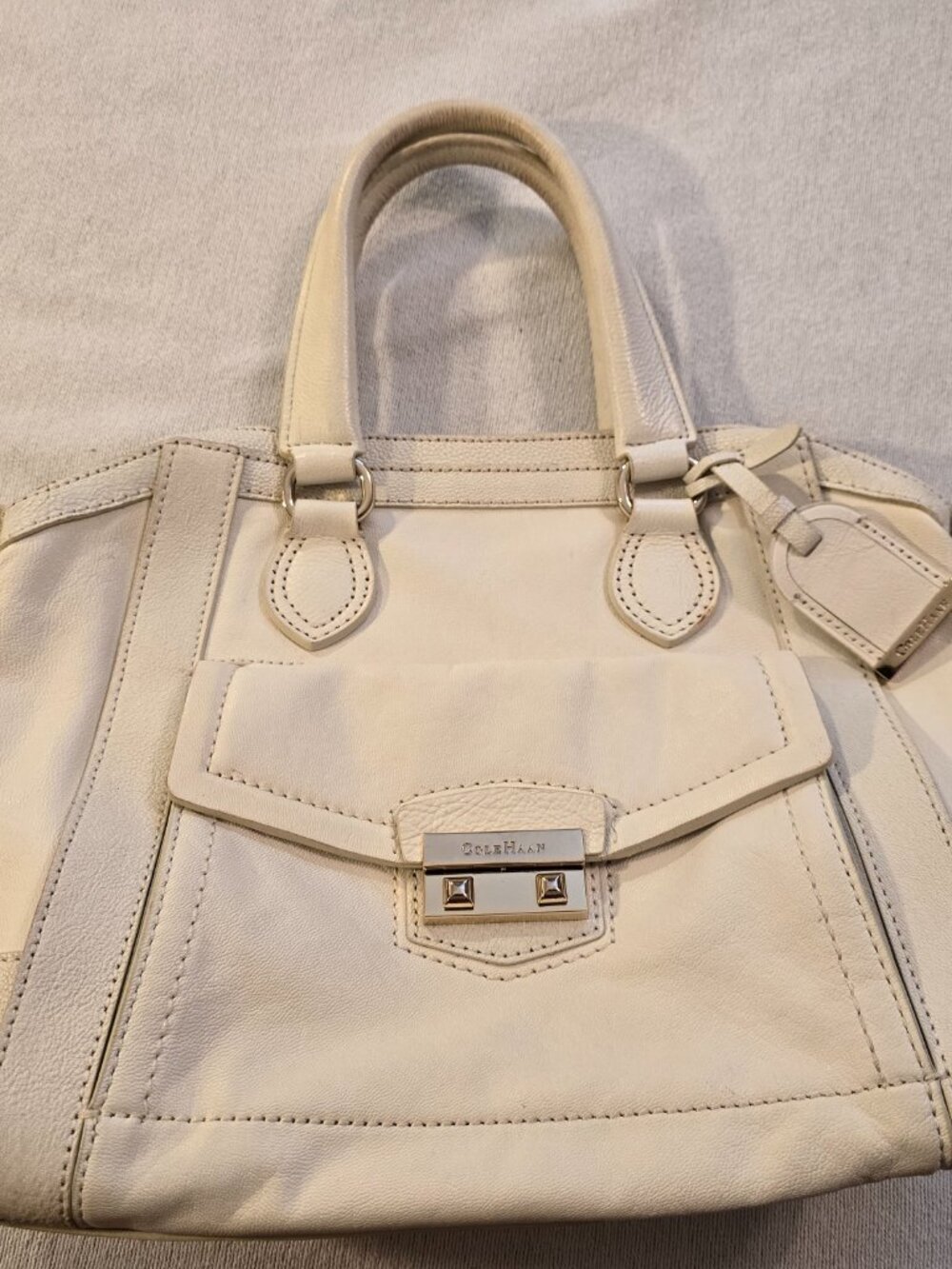 Cole Haan White Pebbled Leather Satchel Bag Top Handle Purse Cream FUC